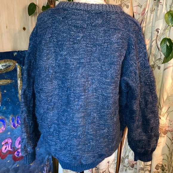 Handmade Chunky Heavyweight Blue Knit Crewneck Sweater Mens Unisex - Picture 4 of 7